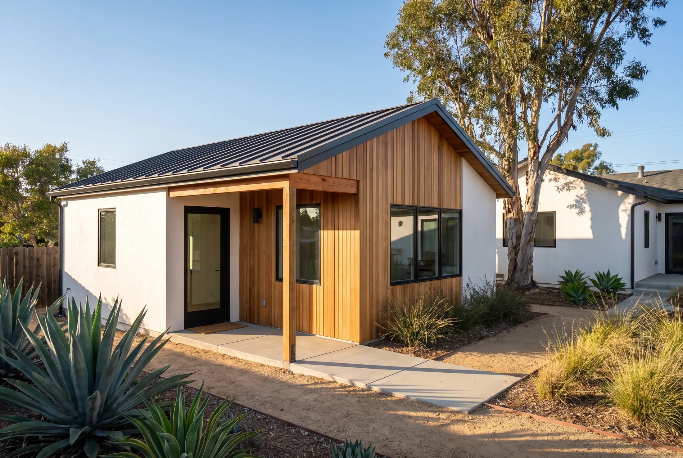 Detached accessory dwelling unit with stucco and cedar siding and a standing-seam metal roof in a San Diego County backyard