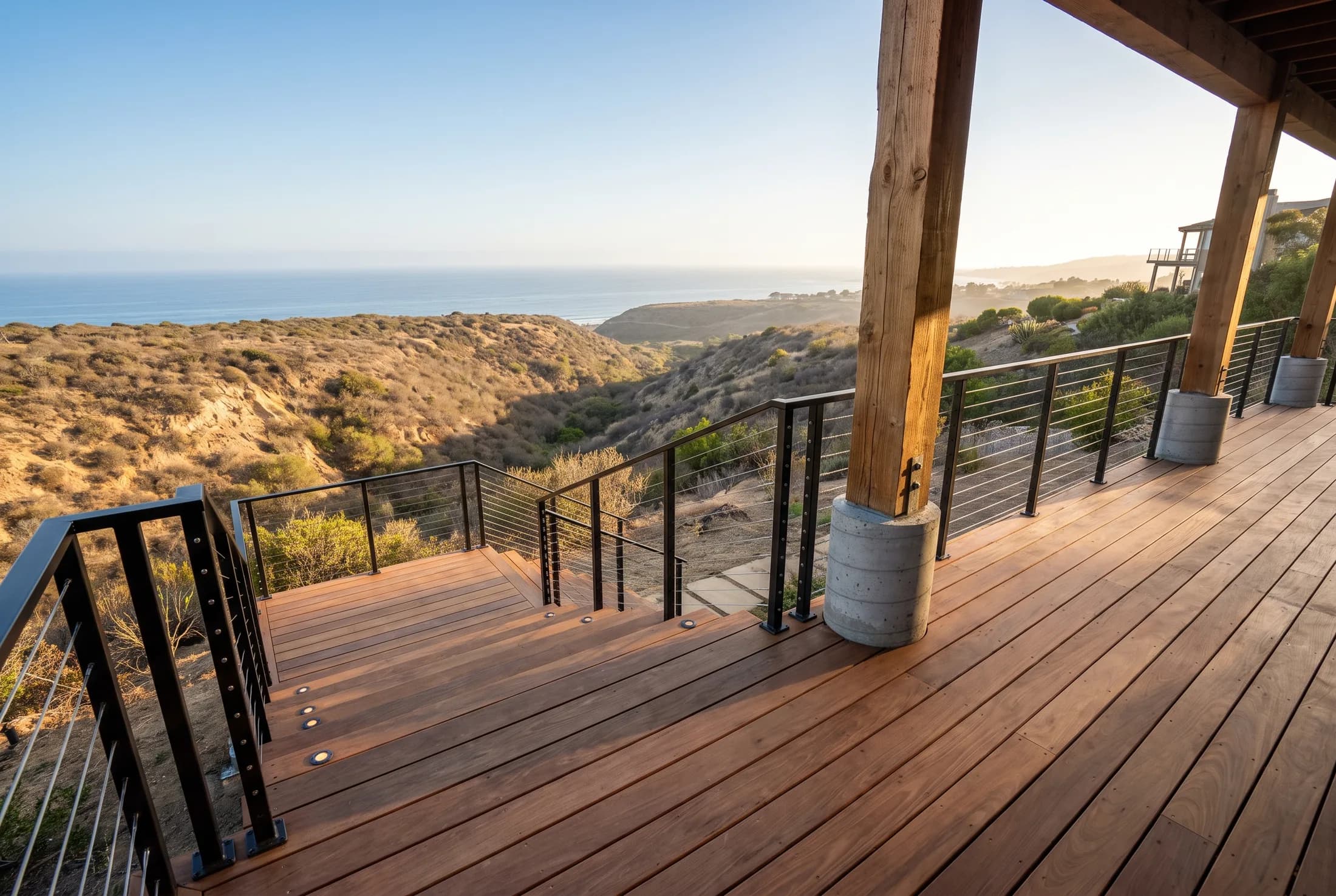 Elevated redwood deck with black cable railing overlooking a coastal San Diego canyon