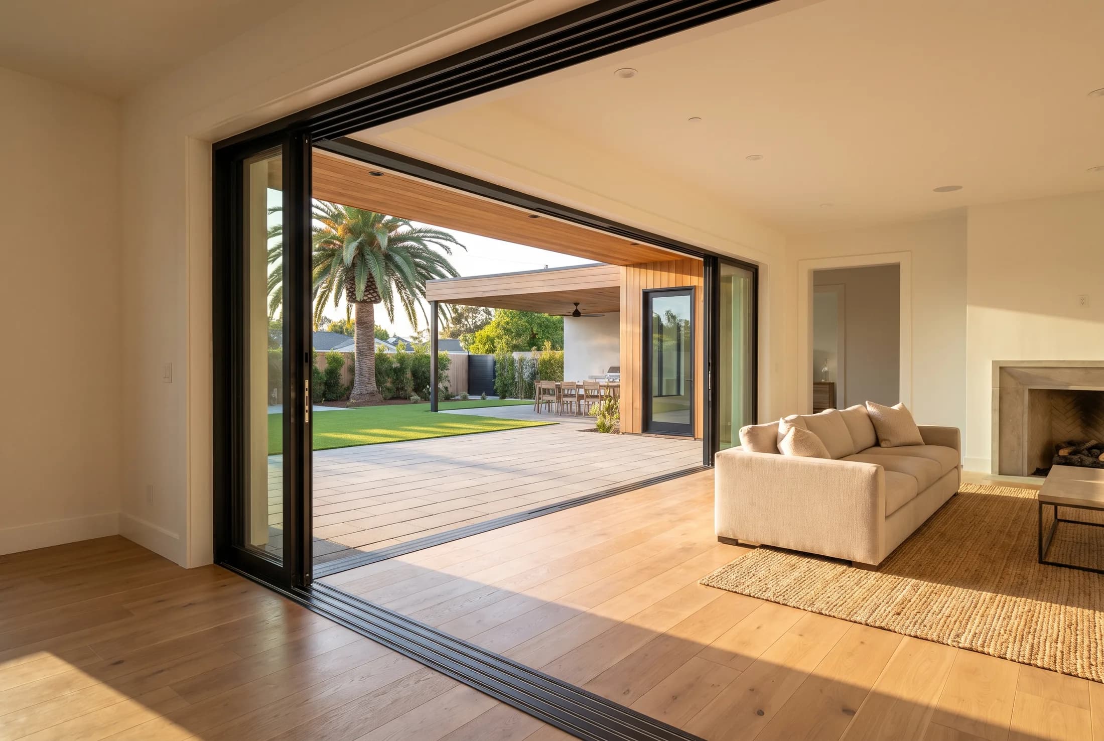 Black-framed multi-slide glass door stacked fully open onto a covered patio