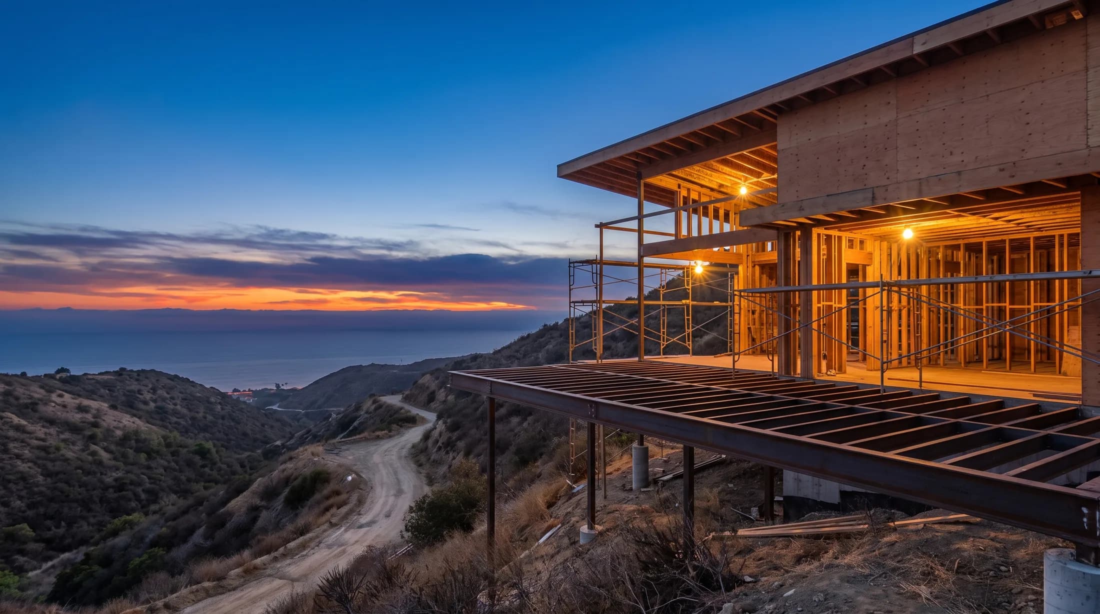 A hillside San Diego County home under construction at dusk, lit from inside, above a canyon running to the Pacific