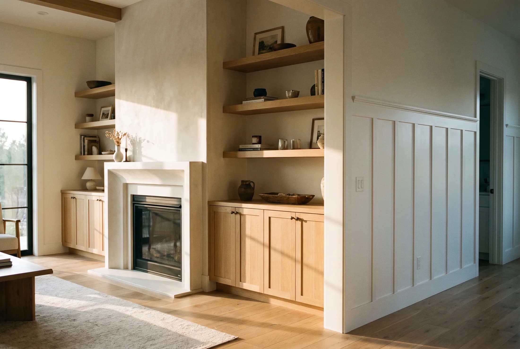 White oak built-in cabinetry, floating shelves, and board-and-batten wainscoting beside a plaster fireplace